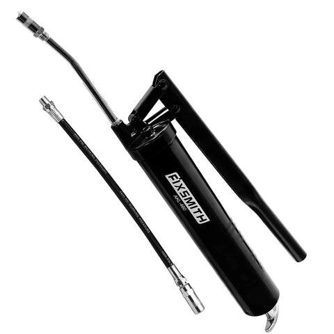 FIXSMITH professional lever-action grease gun with 12in reinforced hose and 7in rigid extension, black