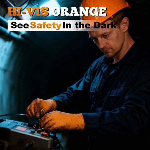 Man working in low light wearing Heavy Duty Orange Nitrile Gloves 8 Mil Diamond Texture Grip XL 100 Count, ensuring visibility.