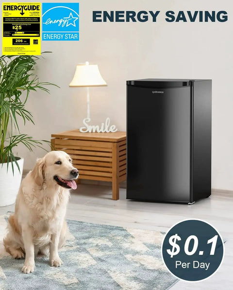 Black 3.2 Cu Ft Single Door Mini Fridge with Freezer in a cozy room with decorative elements and a dog nearby