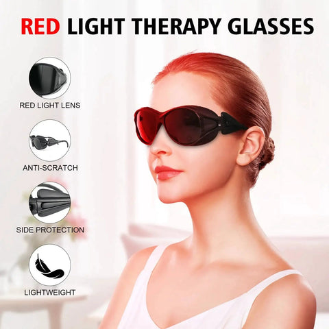 Woman wearing Broad Spectrum Red Light Therapy Glasses 200 To 2000nm Eye Protection For IPL with black lenses and side protection.