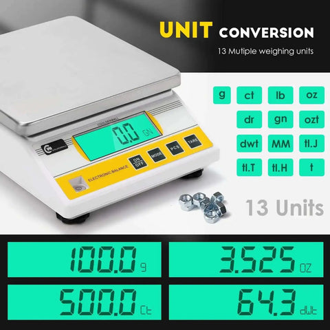 Digital Precision Lab Scale Ten Kilogram 0.1 Gram With 13 Unit Conversions for Quick Weighing and Counting on a Tabletop Electronic Balance