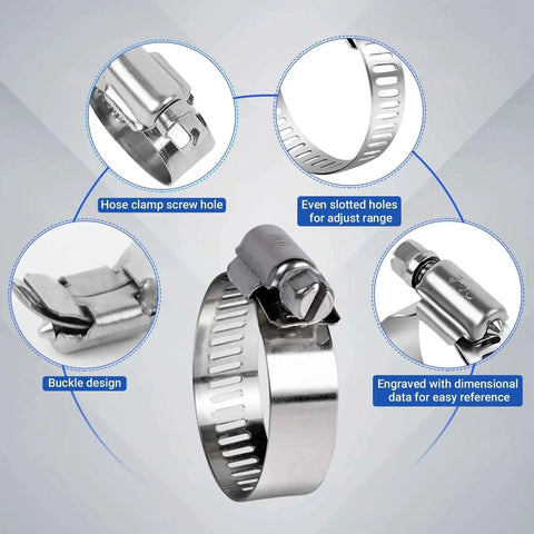 Premium SMLCON 85Pcs 304 Stainless Steel Hose Clamps Set showing buckle, screw hole, and engraved dimensions.