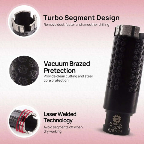 Premium Diamond Core Drill Bit For Dry Or Wet Drilling, 1 3 8 Inch Diameter, Laser Welded Hole Saw, 5 8 Inch Thread 11, FOCSTOL shown with turbo segment design and vacuum brazed protection features.