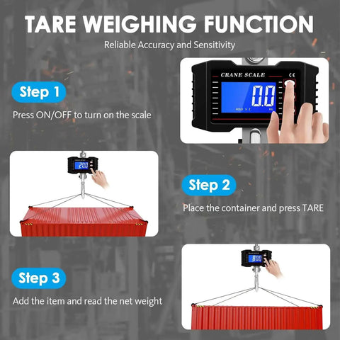 Demonstrating tare function of 1000Kg Heavy Duty Crane Scale with Backlit LCD Digital Hanging Scale for industrial use.