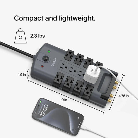Surge Protector Power Strip With Eight Rotating Outlets And Four Standard Sockets, Eight-Foot Extension Cord, Flat Pivot Plug, showing its compact design and dimensions of 10 x 4.75 x 1.9 inches, ideal for home office travel desktop and charging gear setup.