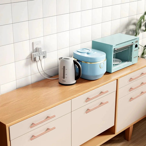 Rose Gold Cabinet Handles And Knobs Set Of 10 for drawers and dressers with 4 inch hole centers and stainless steel finish, installed in modern kitchen.