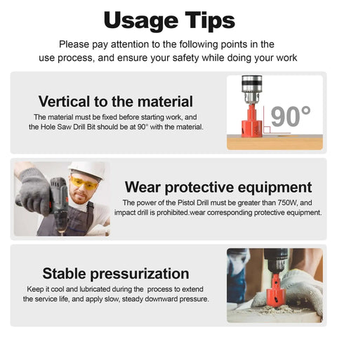 Instruction guide showing tips for using a Bi-Metal Hole Saw Kit 6-Piece Set for wood, plastic, drywall, and soft metal.