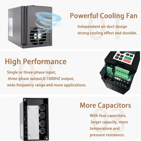 Beefy 1.5KW 2HP 110V AC VFD Converter Single To 3 Phase Inverter displaying cooling fan and capacitors in detail