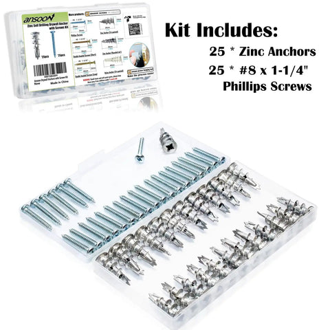 Zinc Self Drilling Drywall Anchors With Screws Kit 25 Heavy Duty Metal Wall Anchors And 25 Size 8 By One And One Quarter Inch Screws