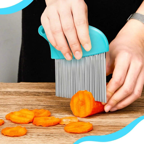 Three Piece Waffle Fry Cutter Set With Potato Lattice Maker Crinkle Cutter slicing carrot with stainless steel knives