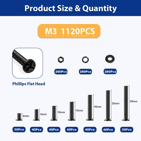 All In One 1120 Piece M3 Countersunk Screw Kit With Flat Head Phillips Screws Zinc Plated 6mm To 25mm For 3D Printers