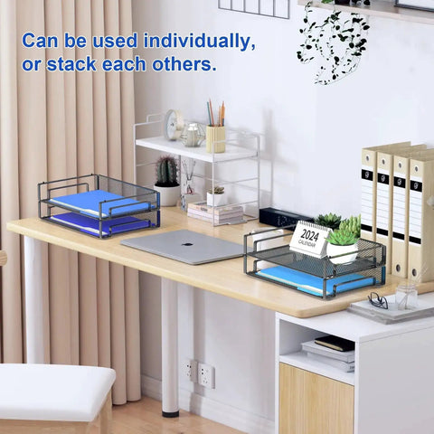 4 Pack Stackable Letter Paper Trays Desk File Organizer Mesh Paper Sorter For Letter And A4 Size Folders Documents on a desk