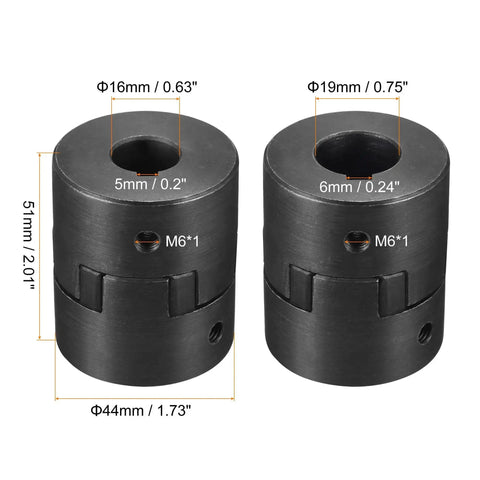 Flexible Coupling Shaft 16mm To 19mm Bore, 51mm Long, 44mm Outer Diameter, 5mm To 6mm Slot Width, Motor Coupler Joint, 45 Steel