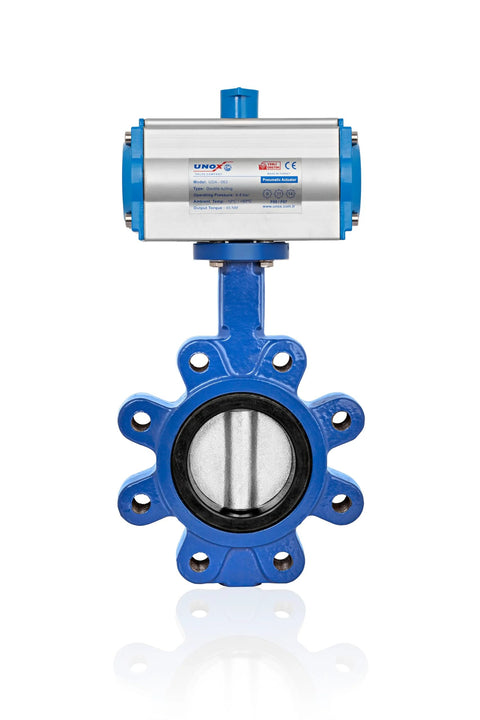 UNOX pneumatic butterfly valve DN200 (8 in), front view with blue actuator and body, stainless steel disc, EPDM seat.