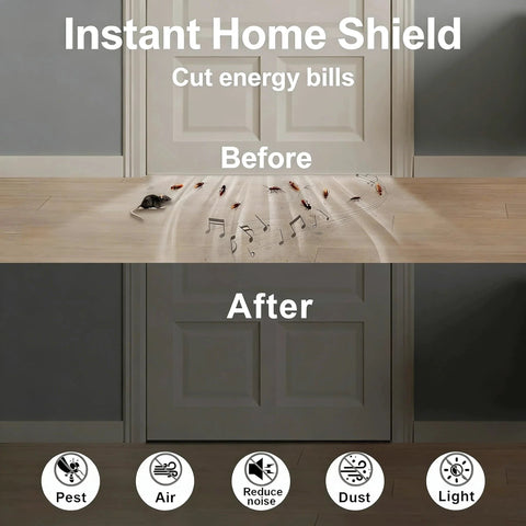 Weather Stripping Door Seal Tape With Strong Adhesive Lightproof And Noise Reduction Weatherproof Foam Insulation For Sliding Doors Front Door Frames And Windows Cut Energy Bills Half Inch By Quarter Inch Two Rolls Twenty Six Feet Total installed on door showing before and after energy savings.