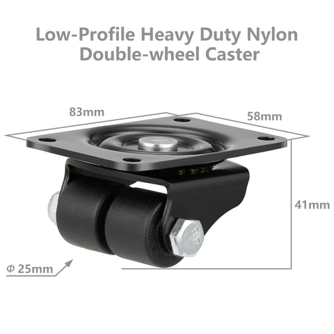1" Caster Wheels Set of 4 - Heavy Duty Low Profile Swivel Plate Double Nylon Wheels, 1,100 lbs Capacity, Anti-Wear Extra-Wide Black Casters for Bed & Workbench