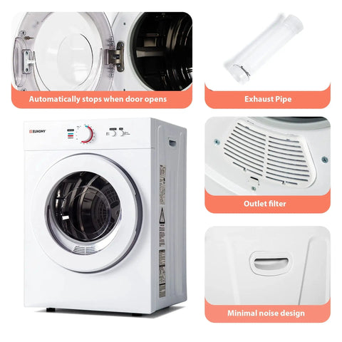 Compact 1.8 Cu Ft Portable Clothes Dryer With Exhaust Duct And Stainless Liner showing front view, duct, and controls.