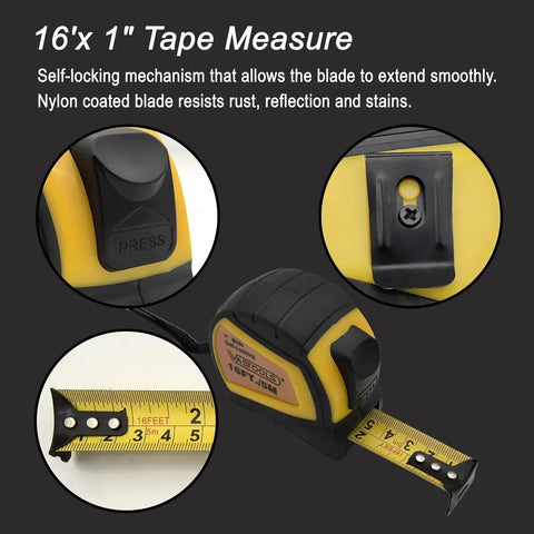 16-foot tape measure from 22 Piece Welding Accessories Kit With Chipping Hammer Tempered Chisel On One End And Point On The Other Soapstone Holder 16 Foot Tape Measures 50 Pound Welding Magnet Torch Striker Torch Cleaner Wire Brush Vastools, showing self-locking and nylon-coated blade features.