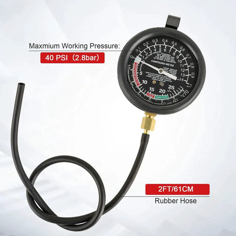 Close-up of a gauge with rubber hose from a Vacuum And Fuel Pump Tester Kit For Engine Pressure And Carburetor Diagnostics.