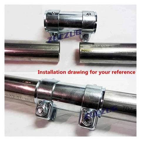 Chrome exhaust pipe connector sleeve with two mounting clamps joining two metal tubes, 95 mm length, ID 76 mm.