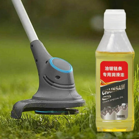 All Season Chainsaw Oil 100ml Synthetic Heavy Duty Multi Purpose Lubricant bottle next to a garden trimmer on grass