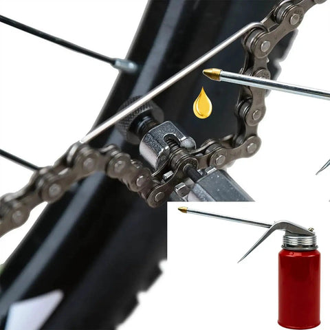 Close-up of Four Pack Hand Pump Oiler Cans For Home Garage And Auto Care Lygchii 200ml Metal Spray Oil Bottle in use on bike chain.