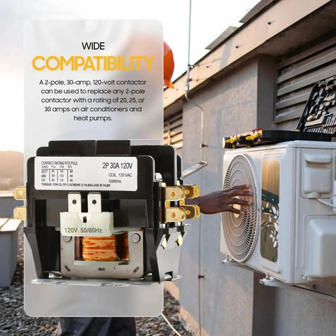 Heavy Duty 2 Pole 30A AC Contactor For HVAC And Refrigeration, 120V Coil, shown installed in air conditioning unit