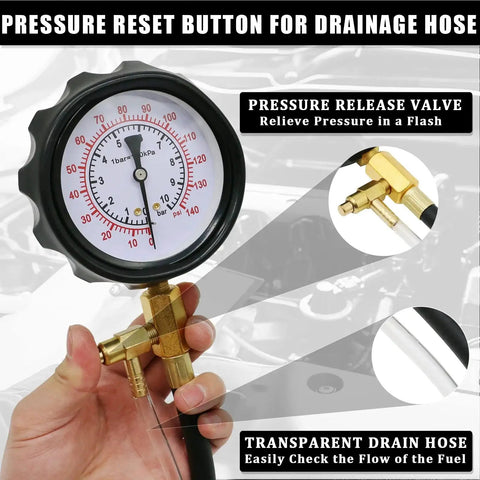 Universal Fuel Pressure Tester Kit For Cars Trucks Motorcycles 0-140 PSI with gauge, hoses, pressure release, and drain button