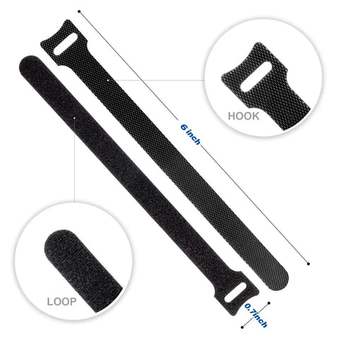 80 Count Reusable Cable Ties 6 Inch Black Self Fastening Ties For Tidy Cords And Tangle Free Cable Management Multi Purpose Hook And Loop Organizer For Home Office Data Center showing hook and loop detail.