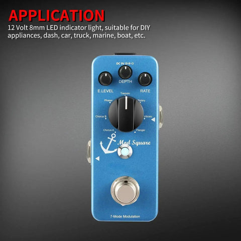 Blue modulation pedal for guitars with depth and rate knobs, includes anchor icon and multiple settings for versatile sound control.