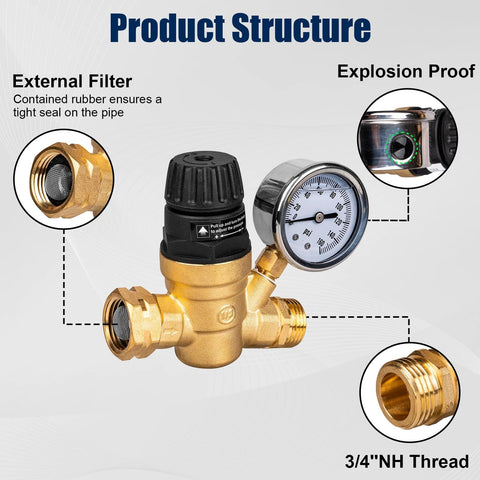 Brass RV water pressure regulator with gauge for camper, lead-free brass body, built-in strainer, 3/4 NH thread