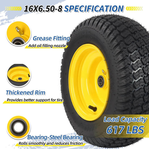 Beefy Tubeless 16X6.50-8 Lawn Mower Tires With Wheels Front Wheel Set, yellow rim, turf pattern, 3/4 or 5/8 inch bearing