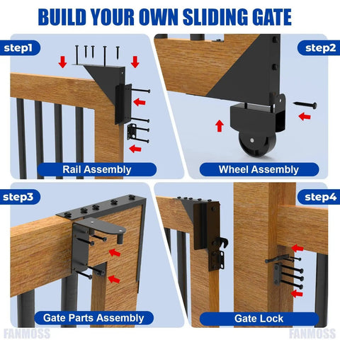 Illustration of Heavy-Duty Galvanized Steel Sliding Gate Kit With One-Piece Safety Lock, Anti-Sag Design for wooden gates.