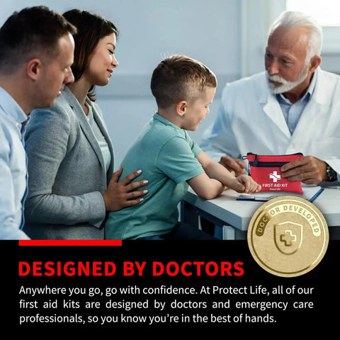 Family learning about Go To 100 Piece First Aid Kit For Travel And Outdoors from a doctor, includes HSA and FSA eligible items.