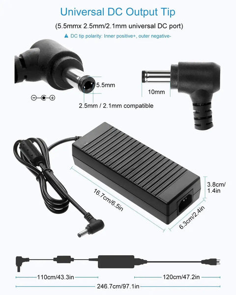 12V Power Supply 10A 120W AC Adapter Universal 100-240V 50/60Hz DC Converter With 5.5x2.5mm Output for LED Strip Lights CCTV Cameras and 3D Printers shown with dimensions and connector details.