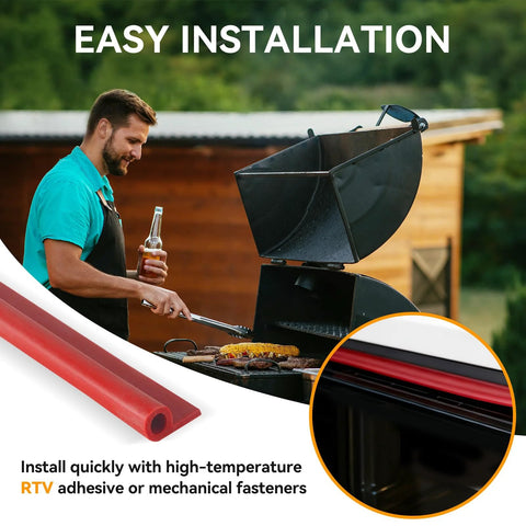 13ft silicone gasket seal for BBQ grills, ovens, smokers; P-type, 7/16 x 7/8 in, red, heat resistant to 500°F.