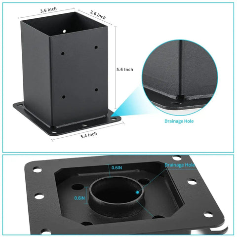 Two Pack 4x4 Post Base Anchors Solid Steel With Black Powder Coat Heavy Duty Deck Post Brackets 3.6x3.6 Inches Detail View