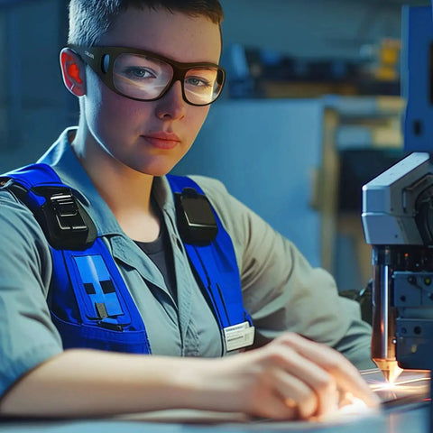 Person using laser cutter wearing CO2 Laser Eye Protection Goggles For Laser Cutting And Engraving By Carlany With 9000 To 11000 Nm Filter Range And 10600 Nm Typical, OD Five Plus Absorption Filter, VLT Over 90 Percent, Lightweight Nylon Frame Fits Over Most Prescription Glasses