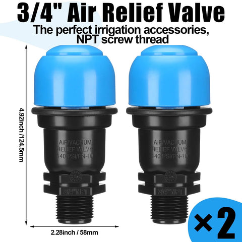 3/4 in air relief valve pair with blue caps and black bodies for irrigation drip systems, Amazon 2-pack