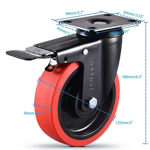 Front view of a heavy-duty 5-inch caster wheel with red polyurethane wheel, brake, and mounting plate