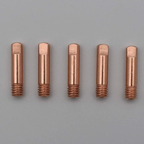 Front view of 5 copper tips, 0.035 inch, 0.9mm, M6 thread for MB-15AK MIG/MAG torch. 20 Pcs Copper Contact Tips 0.035 Inch 0.9mm M6 Thread For MB-15AK MIG/MAG Welding Torch Replacement Set Must Have Pro Grade Copper Tips For Smooth Arc And Heavy Duty Shop Use.
