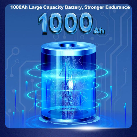 Illustration of a 1000Ah large capacity battery with glowing blue energy rings, signifying strong endurance and longevity.