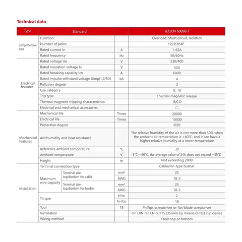 Technical data sheet for DC Miniature Circuit Breaker Two Pole 25 Amp 1000V DC Isolator For Solar PV System With Thermal Magnetic Trip DIN Rail Mount DC Disconnect Switch For Overload And Short Circuit Protection.