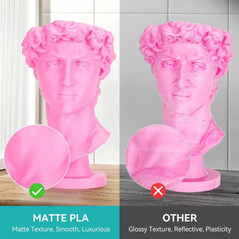 Comparison of matte pink bust with glossy version, highlighting matte texture from Matte White PLA Filament Bundle 1.75mm, 4 Spools, 4Kg Total.