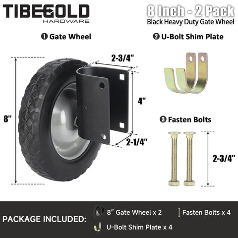 8 Inch Heavy Duty Rubber Gate Wheel Caster For Metal Tube Gates Side Mount Wheel Fits 1-5/8 To 2 Inch OD Round Tube Frames