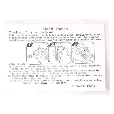 Instructions for Hand Held Power Punch And Sheet Metal Hole Punch Kit With Sizes From Three Thirty Second Inch To Nine Thirty Second Inch