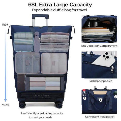 Internal view of Expandable Rolling Duffle Bag With Wheels And Handle For Weekend Trips And Gym, showcasing compartments and large capacity.