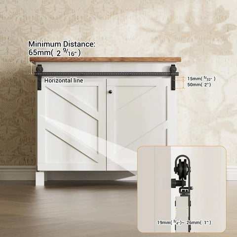 Upgraded 2.5 Foot Mini Folding Sliding Barn Door Hardware Kit For Two Doors Carbon Steel Construction installed on cabinet