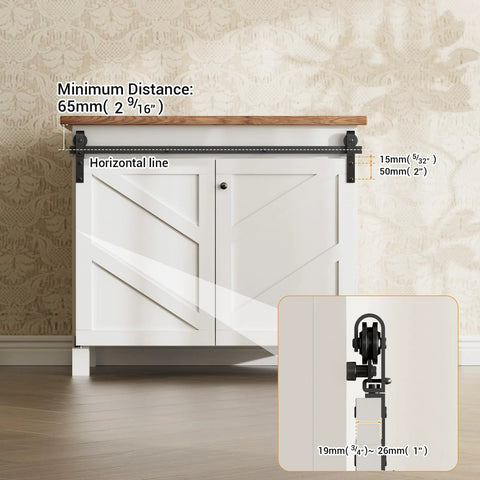 Upgraded 3ft Mini Folding Sliding Barn Door Hardware Kit for Two Doors, Easy Install shown on a white cupboard with measurements