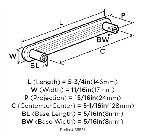 Diagram of Golden Champagne Cabinet Pull Concentric Modern Style Five And One Sixteenth Inch Center To Center dimensions